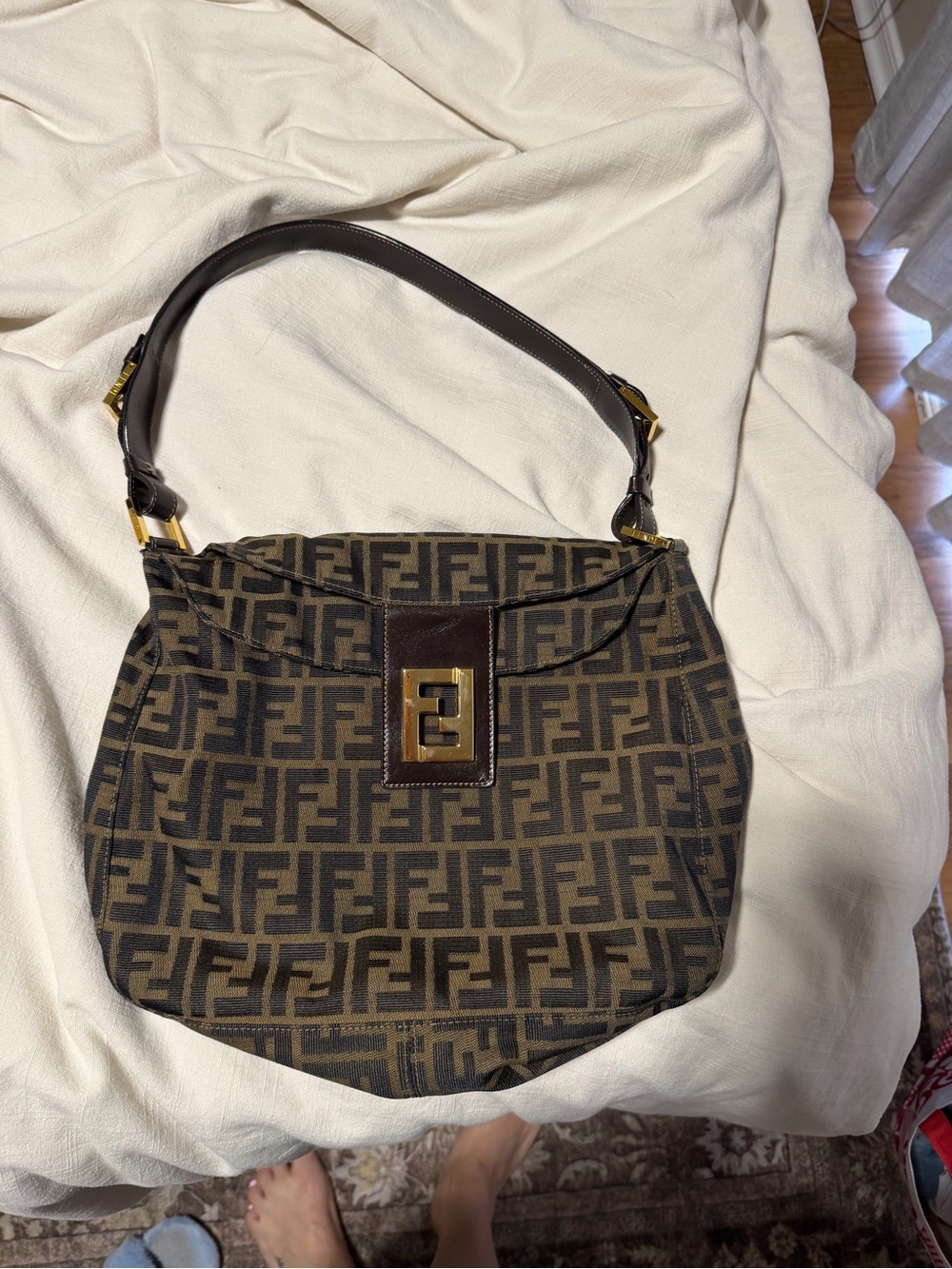 Fendi Brown FF Logo Canvas Shoulder Bag with Gold Hardware